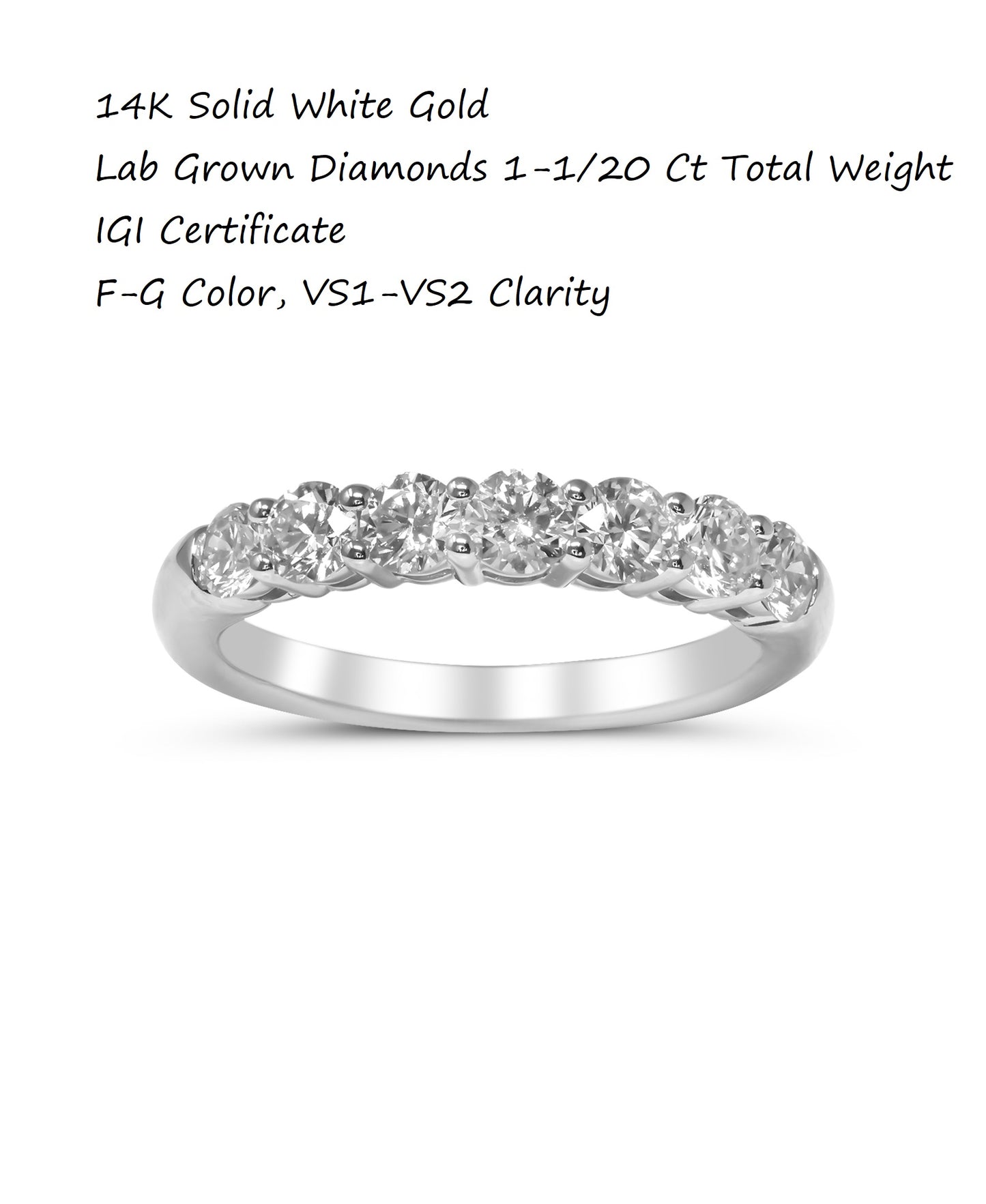 14K White Gold Lab Grown Diamond 1.04 Ct Band Ring. F-G Color, VS1-VS2 Clarity