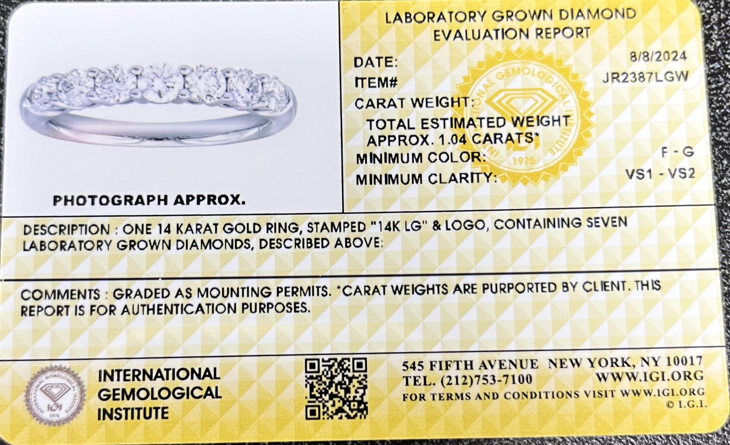 14K White Gold Lab Grown Diamond 1.04 Ct Band Ring. F-G Color, VS1-VS2 Clarity