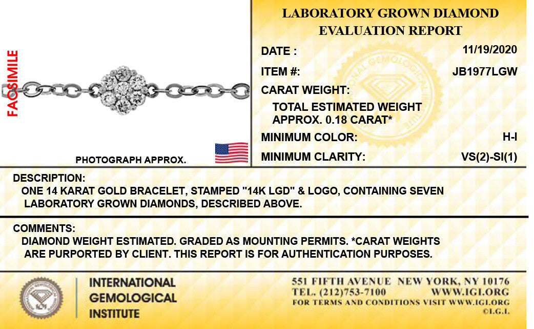 14K White Gold Lab Grown Diamond 1/5 Ct Flower Bracelet with IGI Certificate