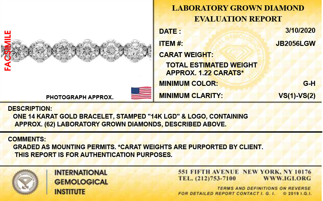 14K White Gold Lab Grown Diamonds 1-1/5 Ct Tennis Bracelet with IGI Certificate