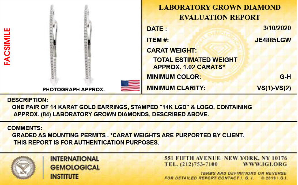 14K White Gold Lab Grown Diamond 1.02 Ct Hoop Earrings, 2 cm Diameter with IGI Certificate