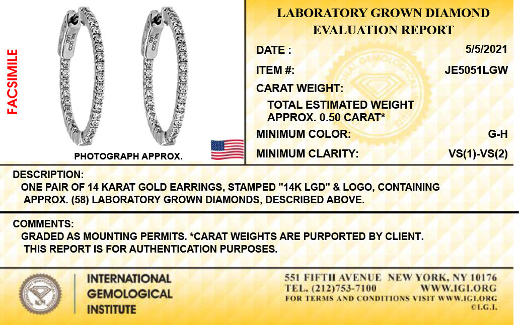 14K White Gold Lab Grown Diamond 1/2 Ct Inside Out Hoop Earrings, 2cm Diameter with IGI Certificate