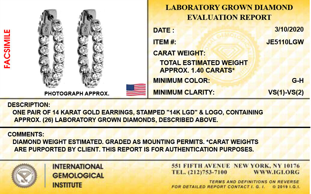14K White Gold Lab Grown Diamond 1-3/8 Ct Hoop Earrings. IGI Certified G-H VS1-VS2, 1.5cm Diameter