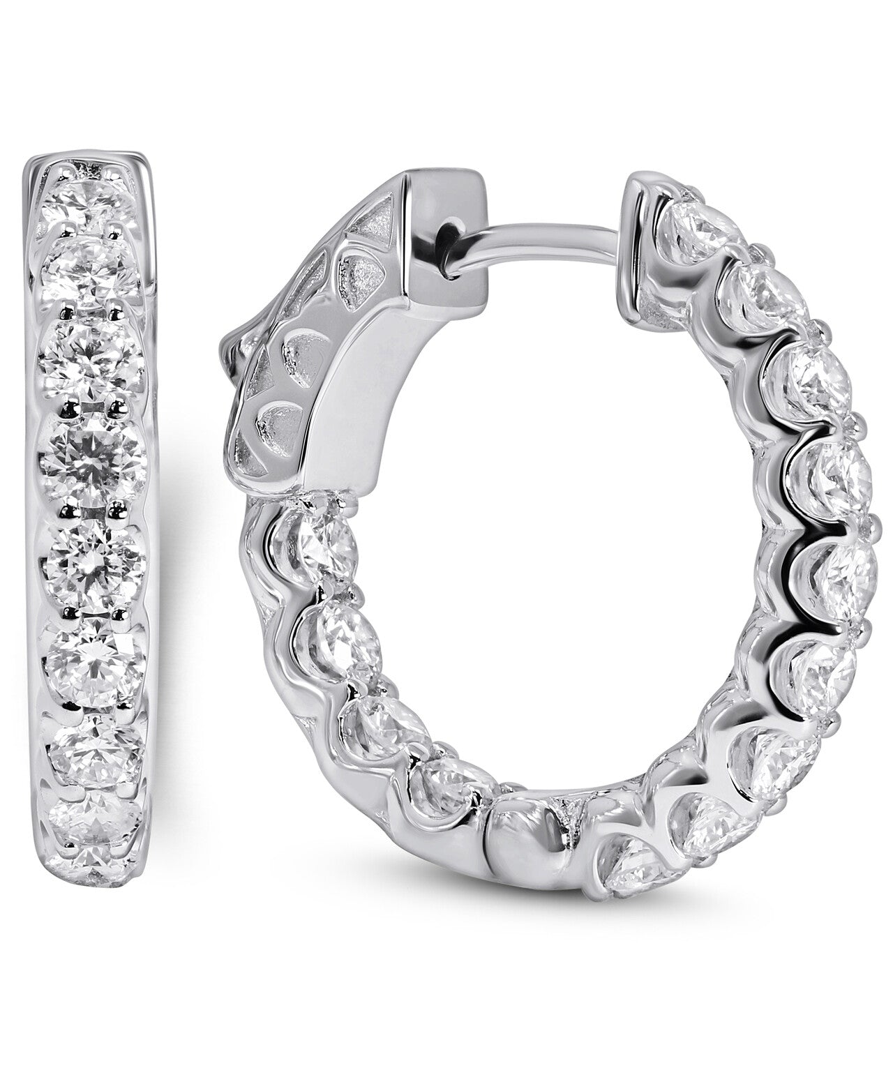 14K White Gold Lab Grown Diamond 1-3/8 Ct Hoop Earrings. IGI Certified G-H VS1-VS2, 1.5cm Diameter