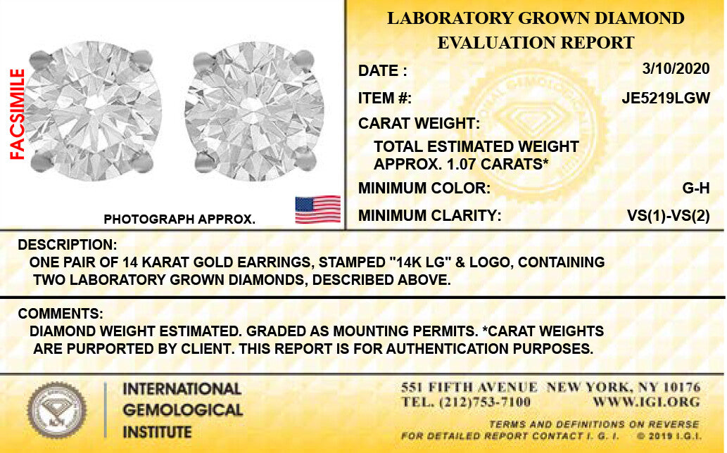 14K White Gold Lab Grown Diamond Stud Earrings. IGI Certified, 1.07 CT Total