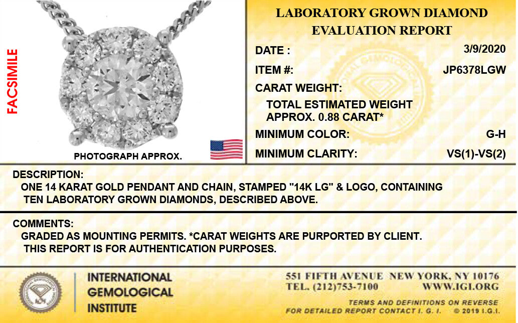 14K White Gold Lab Grown Diamond 7/8 Ct Necklace Pendant with IGI Certificate