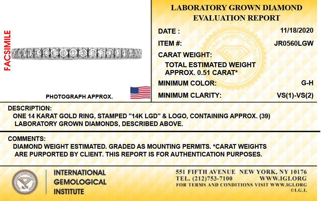 14K White Gold Lab Grown Diamond 1/2 Ct Eternity Band Ring, Size 7 IGI Certificate