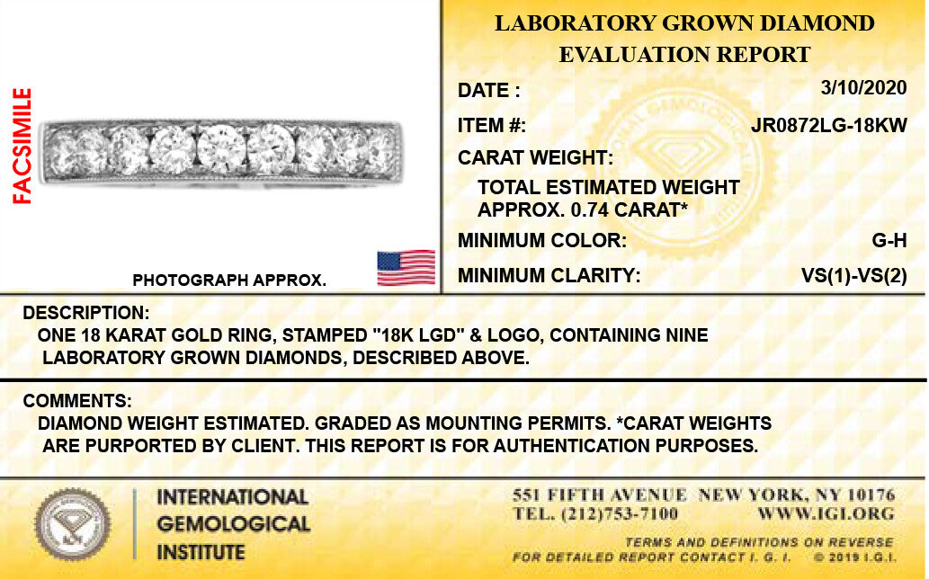 18K White Gold Lab Grown Diamond 3/4 Ct Band Ring. Size 7 with IGI Certificate