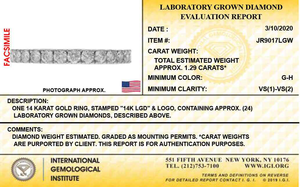 14K White Gold Lab Grown Diamond 1-1/3 Ct Eternity Band Ring. Size 7, IGI Certified G-H, VS1-VS2