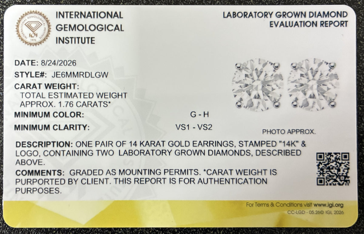 14K Solid White Gold Lab Grown Diamond Stud Earrings 6mm Round