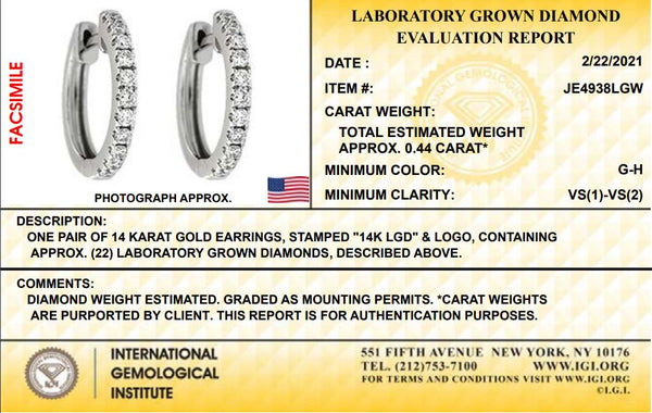 14K White Gold Lab Grown Diamond Hoop Earrings. 1.5 cm Diameter ,IGI Certified.  3/8 Carats. G-H color/ VS1-VS2 Clarity