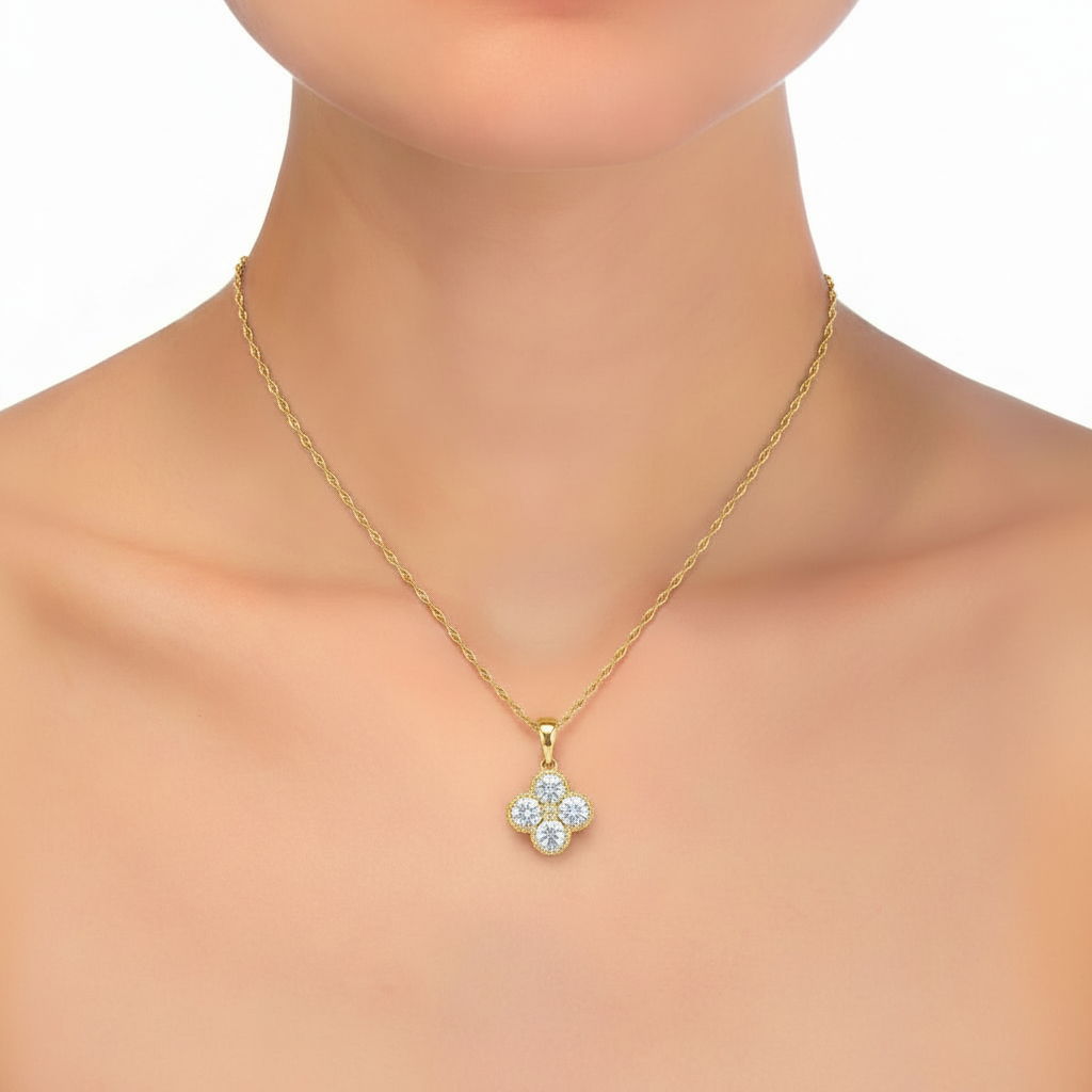 14K Yellow Gold Lab Grown Diamond 1.07 Ct Four Leaf Clover Pendant Necklace