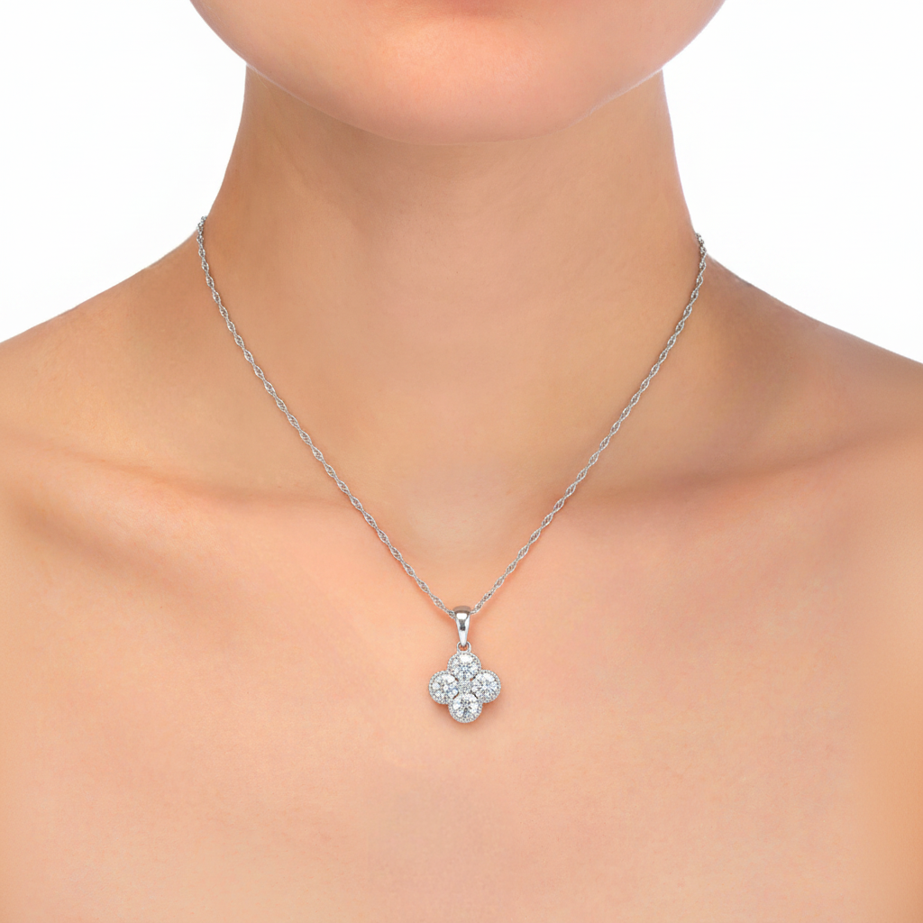 14K White Gold Lab Grown Diamond 1.07 Ct Four Leaf Clover Pendant Necklace