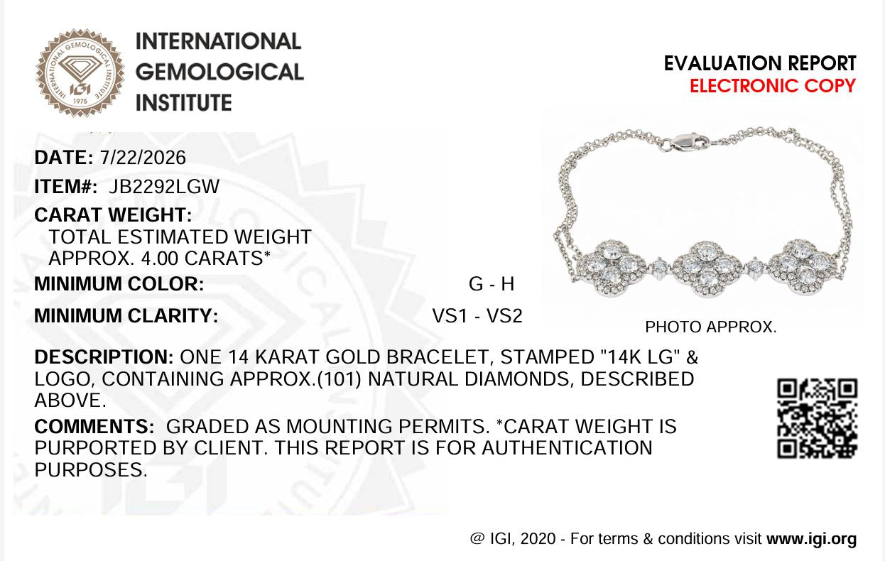 14K Solid White Gold Lab Grown Diamond 4 Ct Bracelet with IGI Certificate