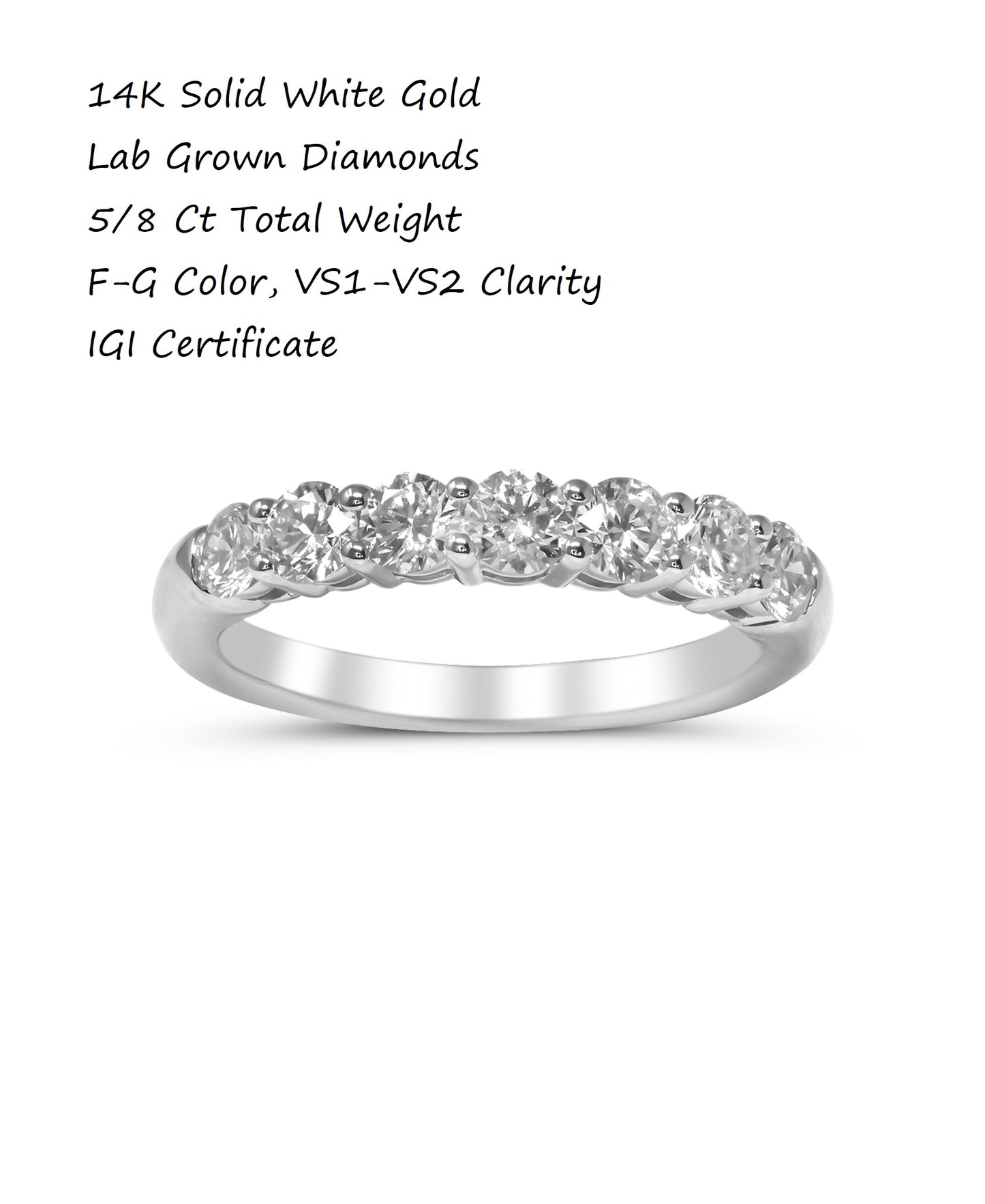 14K White Gold Lab Grown Diamond 5/8 Ct Band Ring. F-G Color, VS1-VS2 Clarity