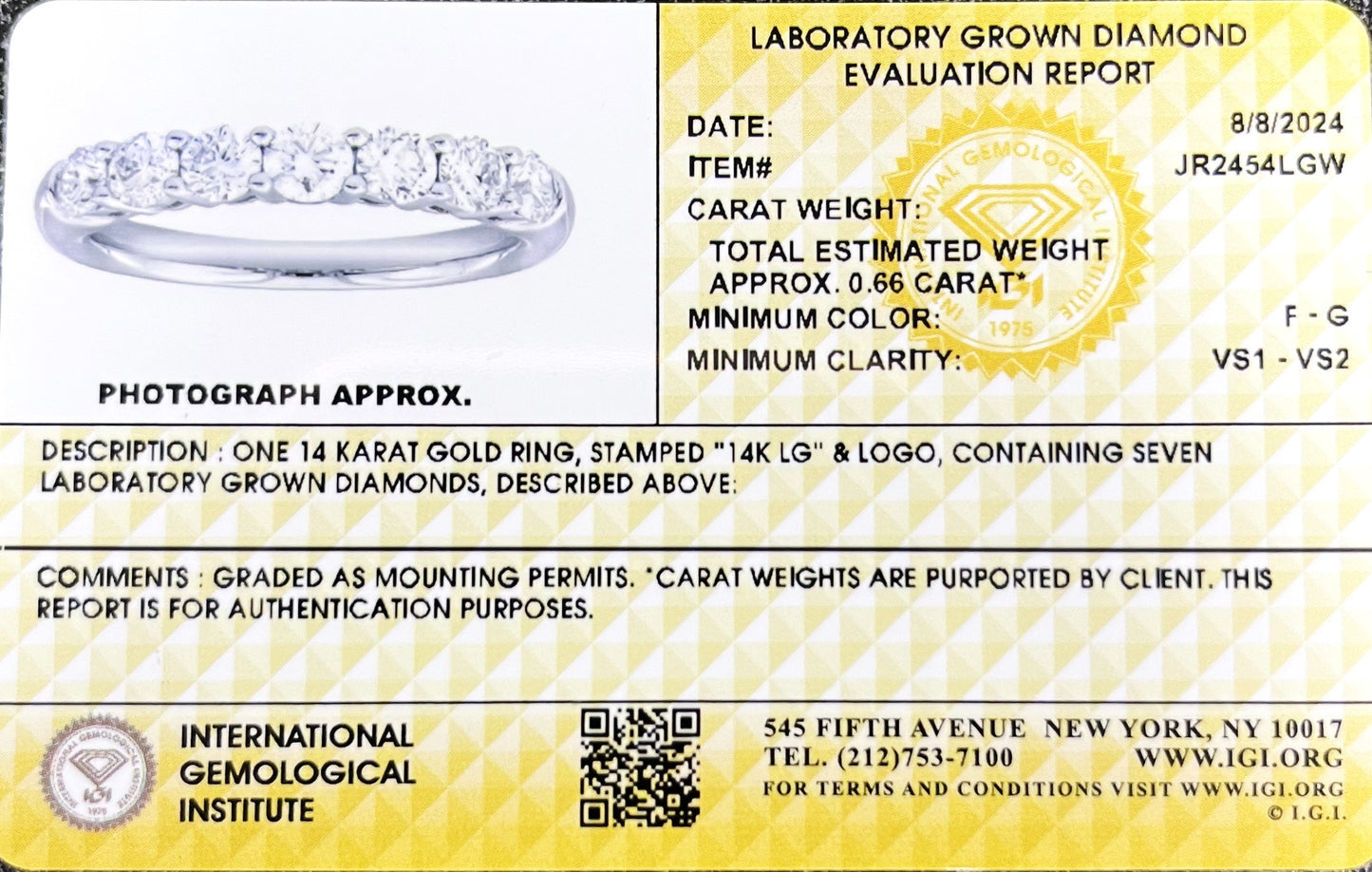 14K White Gold Lab Grown Diamond 5/8 Ct Band Ring. F-G Color, VS1-VS2 Clarity