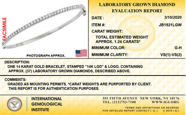 14 KT WHITE GOLD LAB GROWN DIAMOND BANGLE BRACELET BRILLIANT ROUND WITH TOTAL WEIGHT OF 1-1/4 CARATS. IGI CERTIFIED VS1-VS2 CLARITY, G-H COLOR