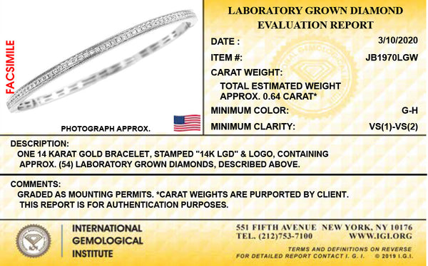 14K White Gold Lab Created Diamond 5/8Ct Bangle Bracelet with IGI Certificate