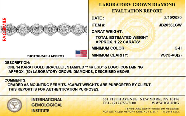 14K White Gold Lab Grown Diamonds 1-1/5 Ct Tennis Bracelet with IGI Certificate