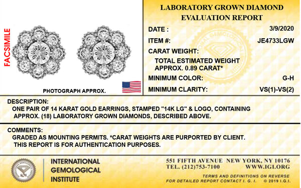 14K White Gold Lab Grown Diamond Flower Stud Earrings IGI Certified 7/8Ct G-H Color VS1-VS2 Clarity