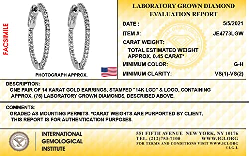 14K White Gold Lab Grown Diamond 3/8 Ct Hoop Earrings 2cm Diameter, with IGI Certificate