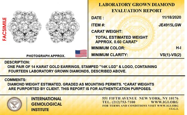 14K White Gold Lab Grown Diamond Studs Earrings. IGI Certified 5/8 CT Total Diamond weight. H-I Color VS1-VS2 Clarity