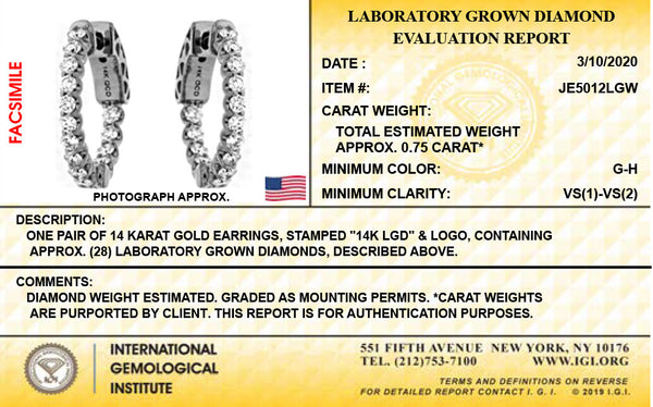 14K White Gold Lab Grown Diamond 3/4 Ct inside out Hoop Earrings, 2cm Diameter, IGI Certificate