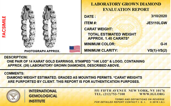 14K White Gold Lab Grown Diamond 1-3/8Ct Hoop Earrings.  IGI Certified  G-H  VS1-VS2, 1.5cm Diameter