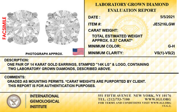 14K White Gold Lab Grown Diamond Stud Earrings, 1/4 Ct Total, G-H Color VS1-VS2 Clarity, IGI Certified