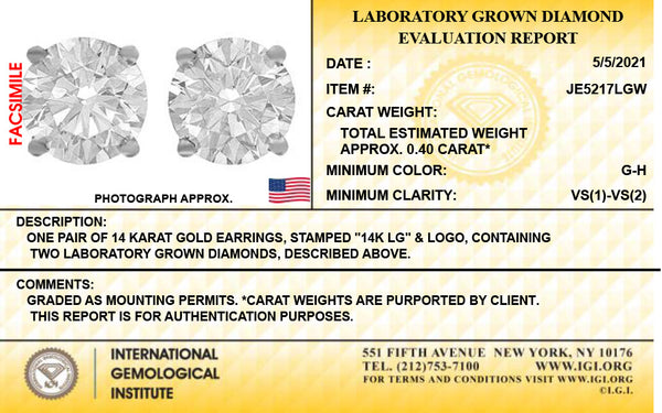 14K White gold Lab Grown Diamond Stud Earrings. IGI Certified. Total 3/8 CT, G-H Color, VS1-VS2 Clarity