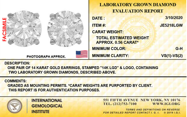 14K White Gold Lab Grown Diamond 1/2 Ct Stud Earrings. G-H Color VS1-VS2 Clarity