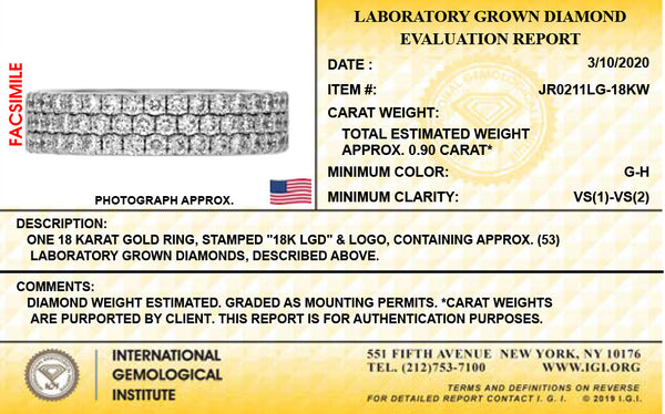 18K White Gold Lab Grown Diamond 7/8Ct Band Ring. Size 7 with IGI Certificate