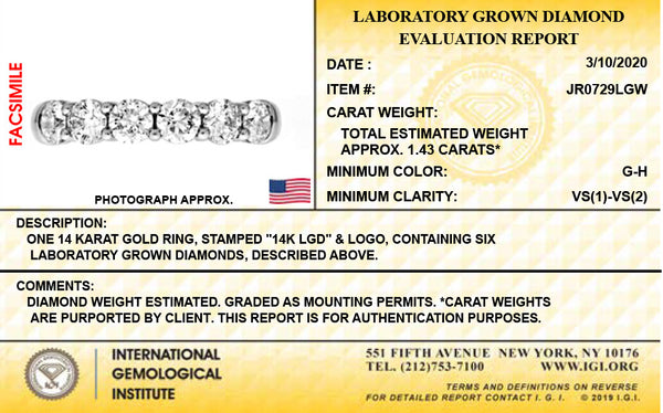 14K White Gold Lab Grown Diamond 1-3/8 Ct Band Ring. Size 7 with IGI Certificate