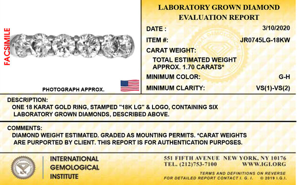 18K White Gold Lab Grown Diamond 1-3/4 Ct Band Ring. Size 7 with IGI Certificate