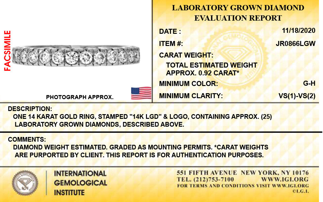 14K White Gold Lab Grown Diamond 7/8 Ct Eternity Band Ring. Size 7, IGI Certificate