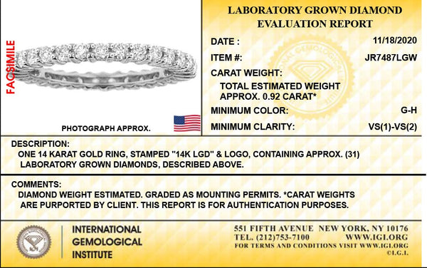 14K White Gold Lab Grown Diamond 7/8Ct Eternity Stackable Band Ring. Size 7 with IGI Certificate