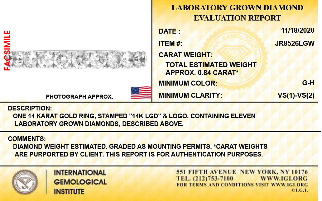 14K White Gold Lab Grown Diamond 7/8Ct Band Ring. Size 7 with IGI Certificate